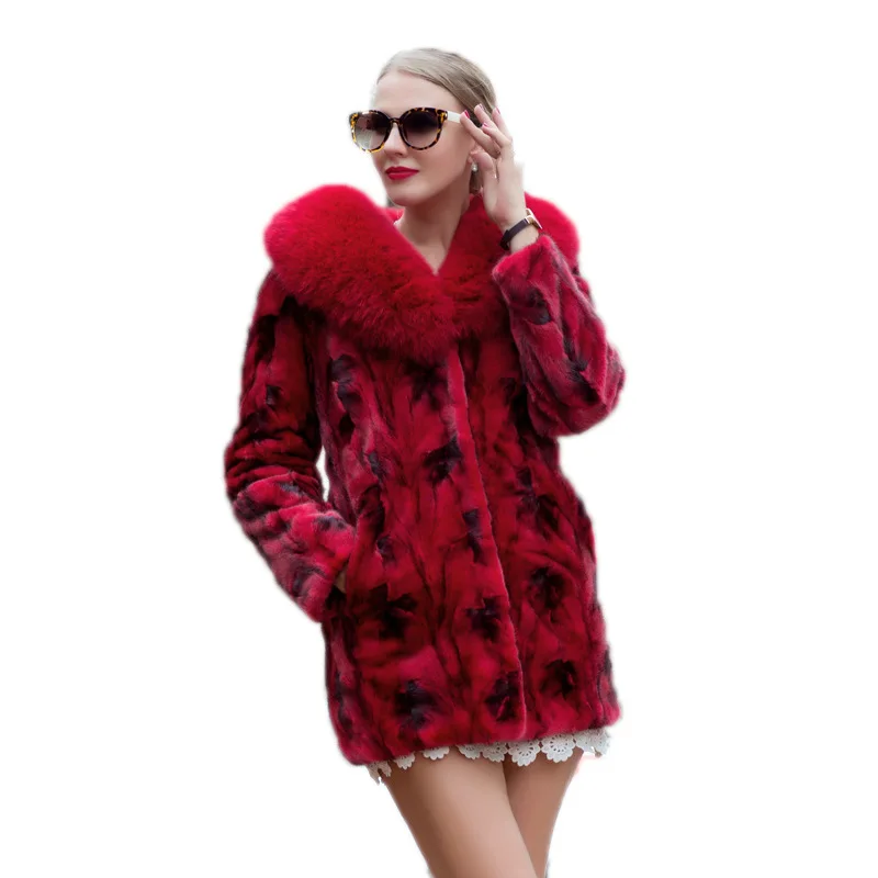 New Mink Fur Grass Coat for Women's Mink Skin Mid Length Fox Fur Collar Fur Warm Coat