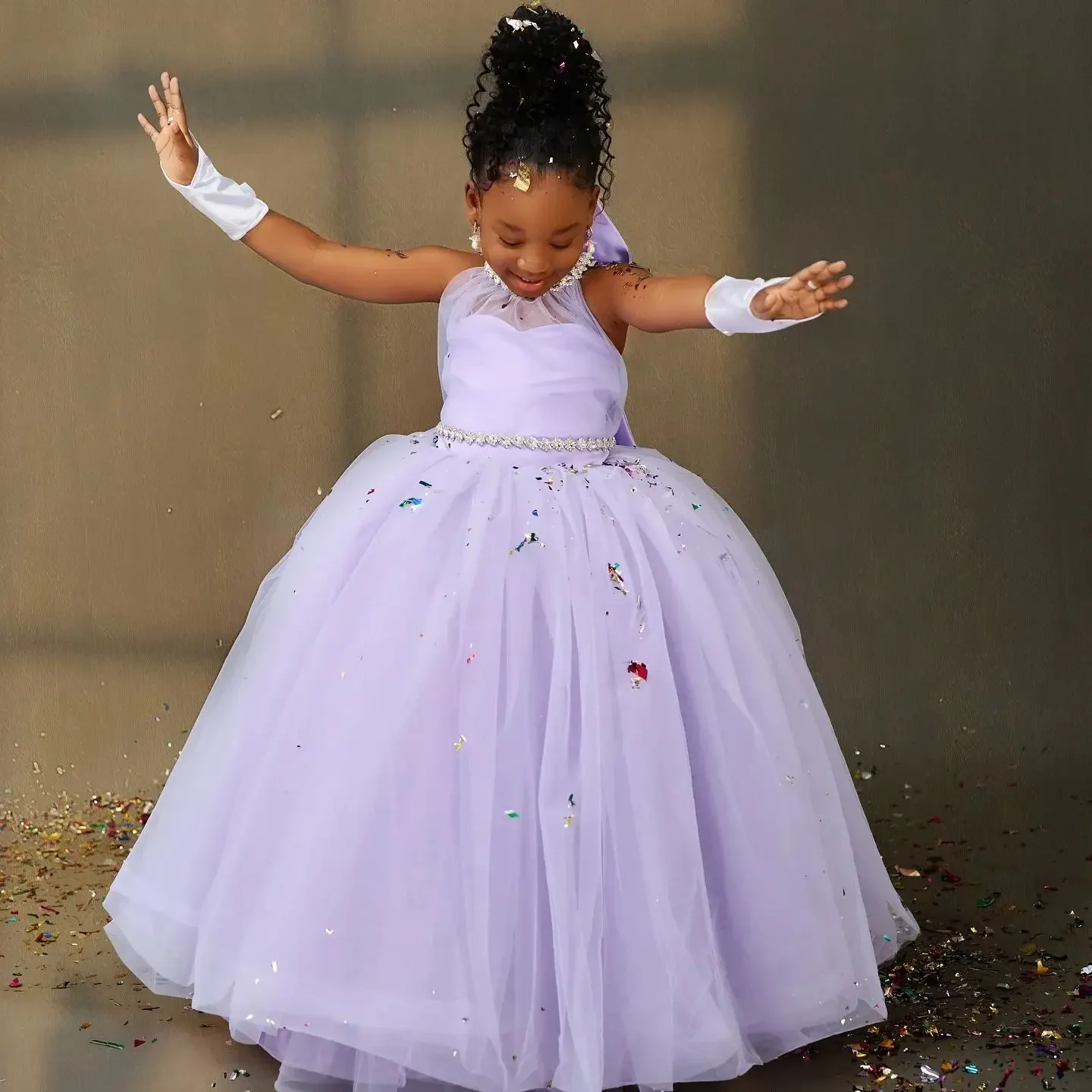 Lavender High Neck Flower Girl Dresses for Wedding Tulle Kids Birthday Dresses Party Girls Prom Gowns for Photoshoot Customized