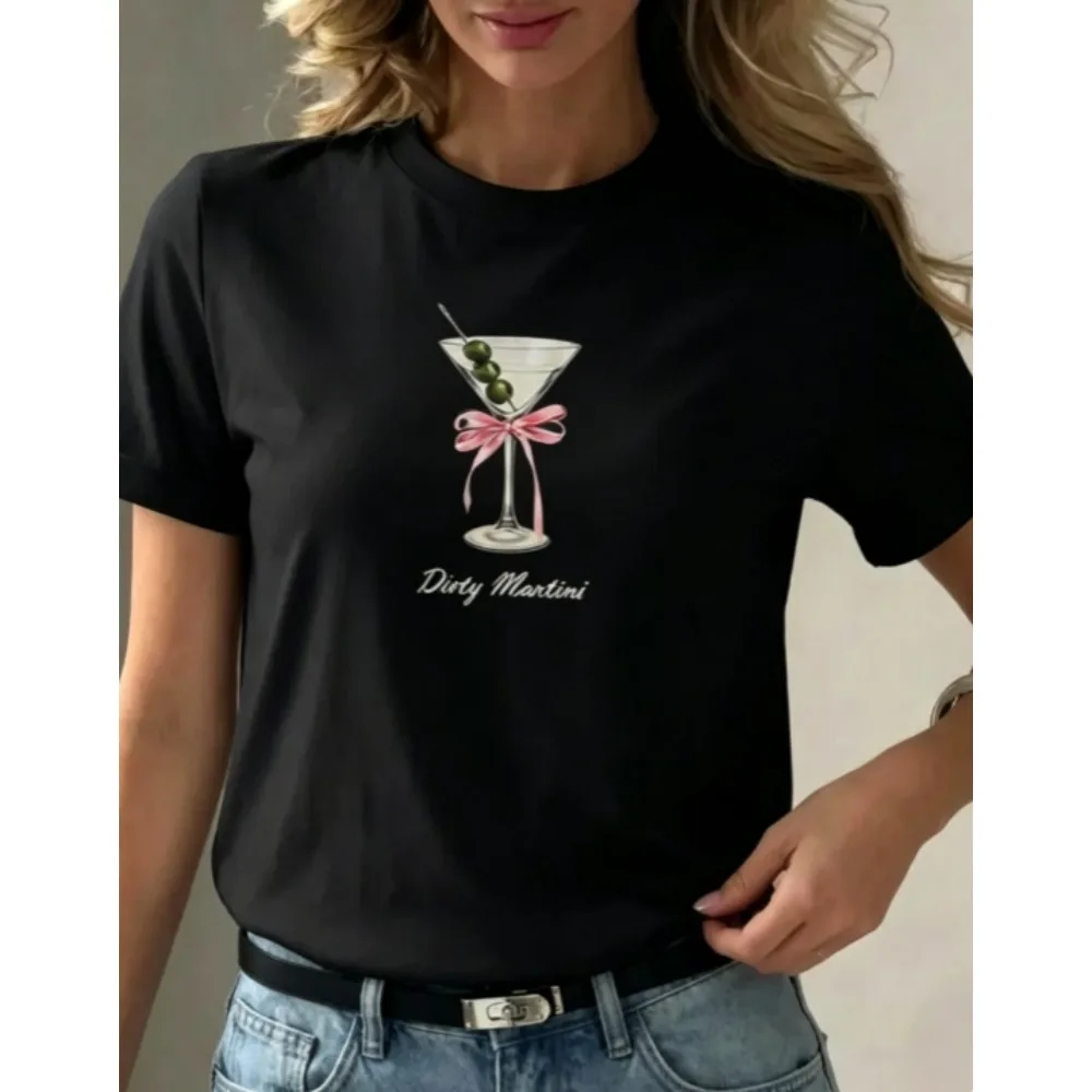 Dirty Martini Cocktail Graphic T Shirt Women Casual Short Sleeve Cute Bow Olive Glass Print Female Daily Tee Tops