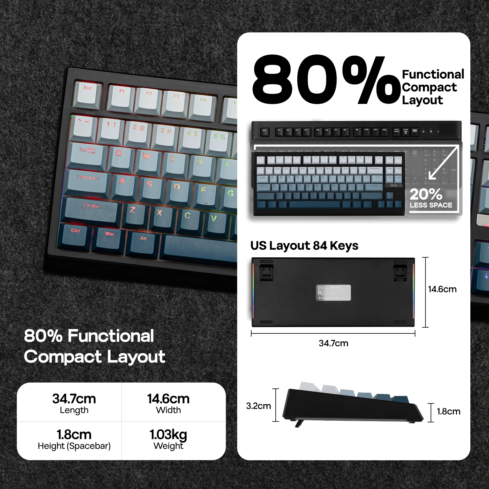 EPOMAKER G84 HE 75% ANSI US Layout Прокладка Проводная/BT/2,4 ГГц Беспроводная магнитная механическая клавиатура с эффектом Холла для Mac/WIN/игр