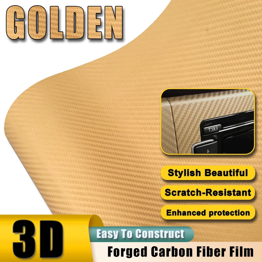 3D Matte Gold Carbon Fiber Vinyl Wrap Roll, Bubble Free DIY Car Body Decal, Waterproof Self-Adhesive Film for Car and Motorcycle