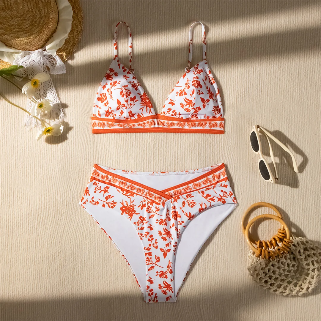 Blumenmuster, hoch geschnitten, mittelhoher Bund, Damen-Badeanzug, Bikini, zweiteiliges Bikini-Set, Badebekleidung, Badeanzug, Modell V5338. – Detail 11