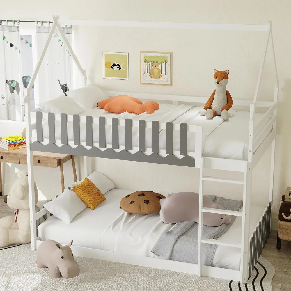 Wood Twin Over Twin House Bunk Bed, Solid Wood Low Bunk Bed Frame with Ladder, Safety Guardrails & Fences