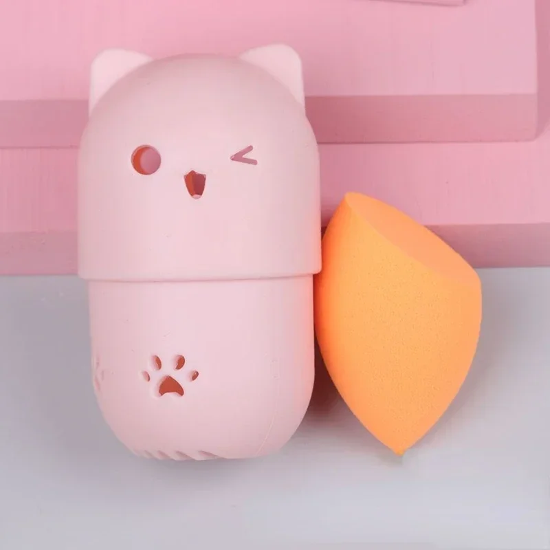 Soft Silicone Cosmetic Sponge Holder with Beauty Eggs Cute Pink Cat Powder Puff Holder Portable Sponge Puff Make Up Drying Cases