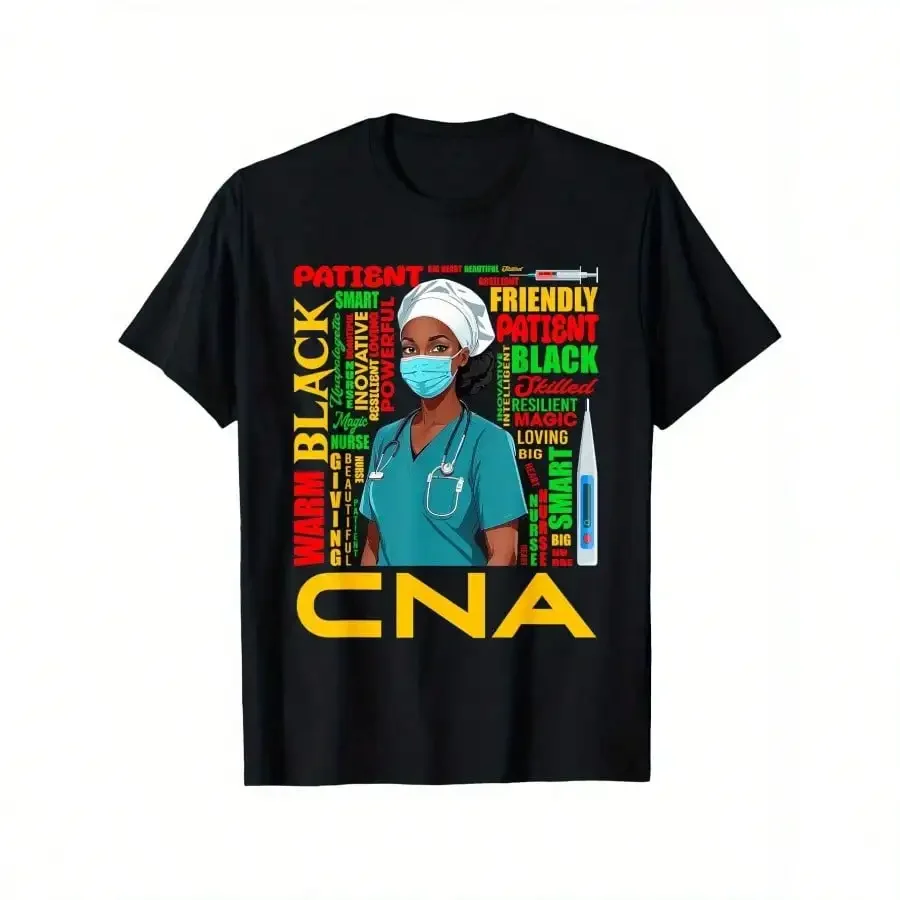 

Comfortable Breathable Black Strong Nurse CNA Afro Melanin African American T-Shirt Mens Front Printed Short-sleeved T-shirt
