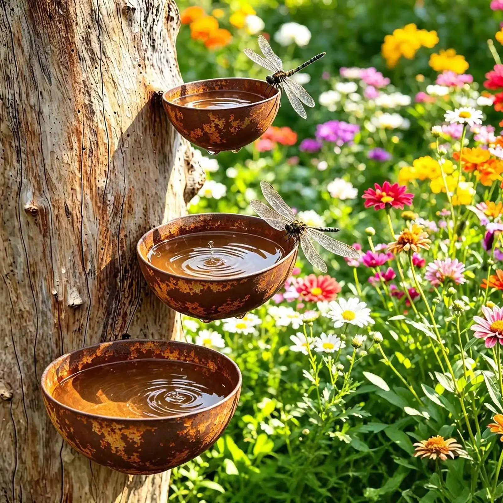 Rain Catcher 3 Pieces Metal Decorative Bee Watering Station Cup Rain Collector Yard Decoration for Farmhouse Yard Backyard Patio