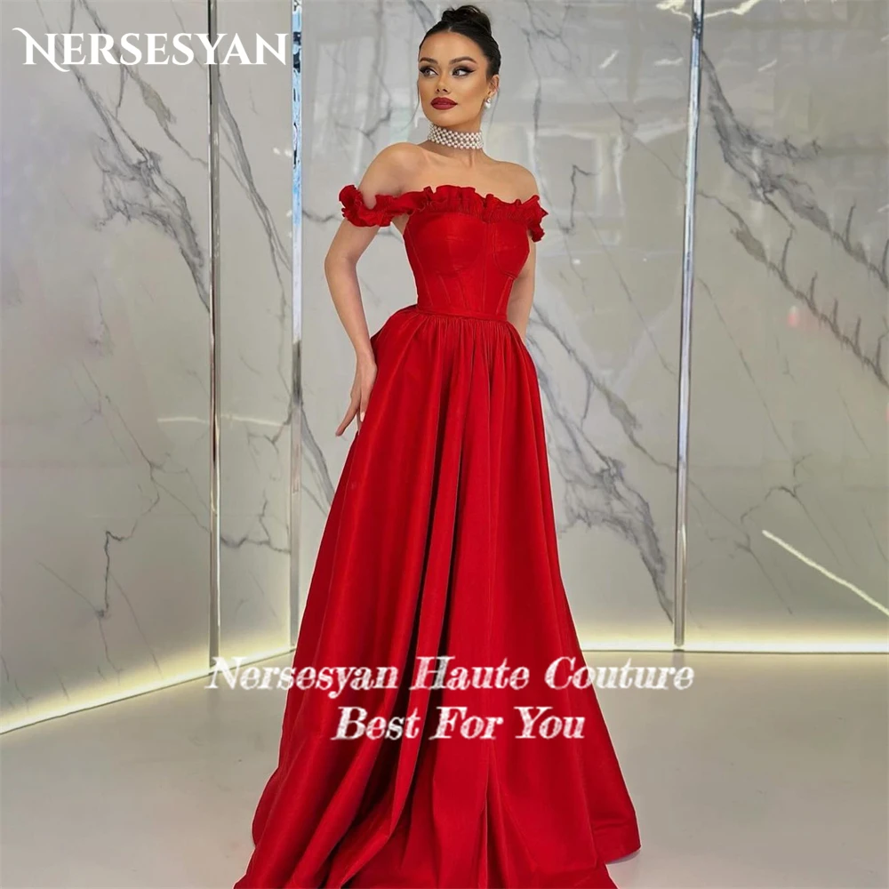 Nersesyan-Vestidos de Noche formales de color rojo liso para boda, vestido fruncido sin hombros, línea A, sin mangas, vestidos de fiesta con espalda descubierta