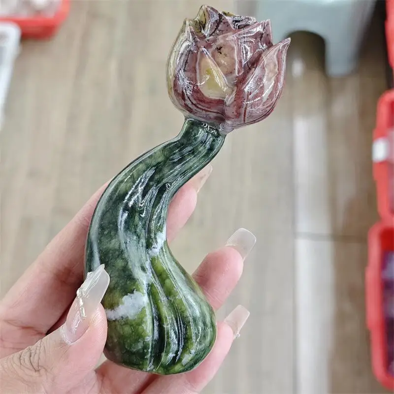 Natural Green Jade Lotus Flower Carving Gem Reiki Healing Fengshui Home Decoration Gift Collection 1pcs