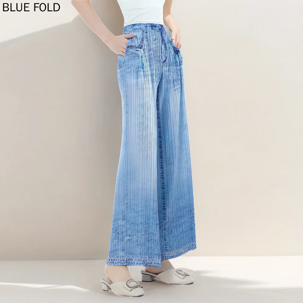 Women's Pleated Denim Pants, Long Versatile Casual Pants, Straight Clothes, New Style, Fashionable, Miyake, Summer