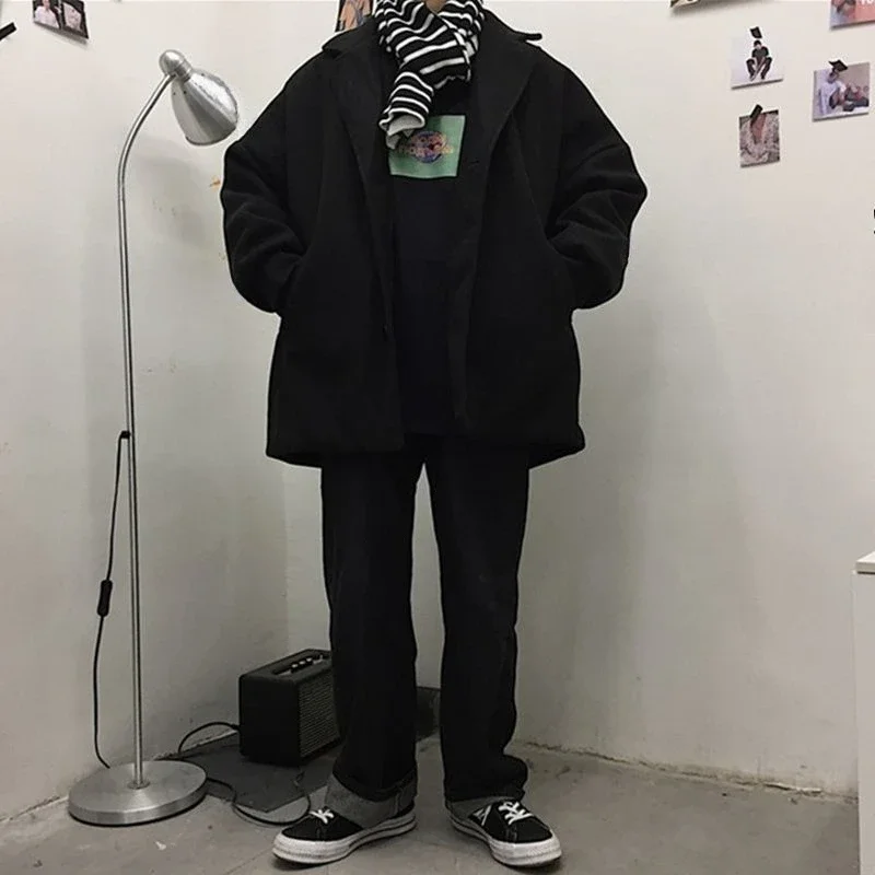 

Korean Style Women's Plus Velvet Wool Coat Loose Mid Length Black Winter Jacket for College Girls Vintage Thick Tweed Overcoat