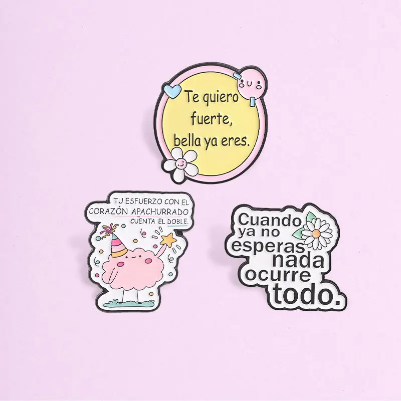 New Creative Spanish Phrase Healing Brooch Cartoon Cloud Flower Alloy Badges Enamel Pins for DIY Bag Hat Jeans Clothes Accessory