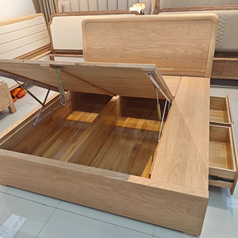 Ash wood log bed air pressure 1.8 storage storage storage bed high box 1.5 solid wood small apartment simple and modern