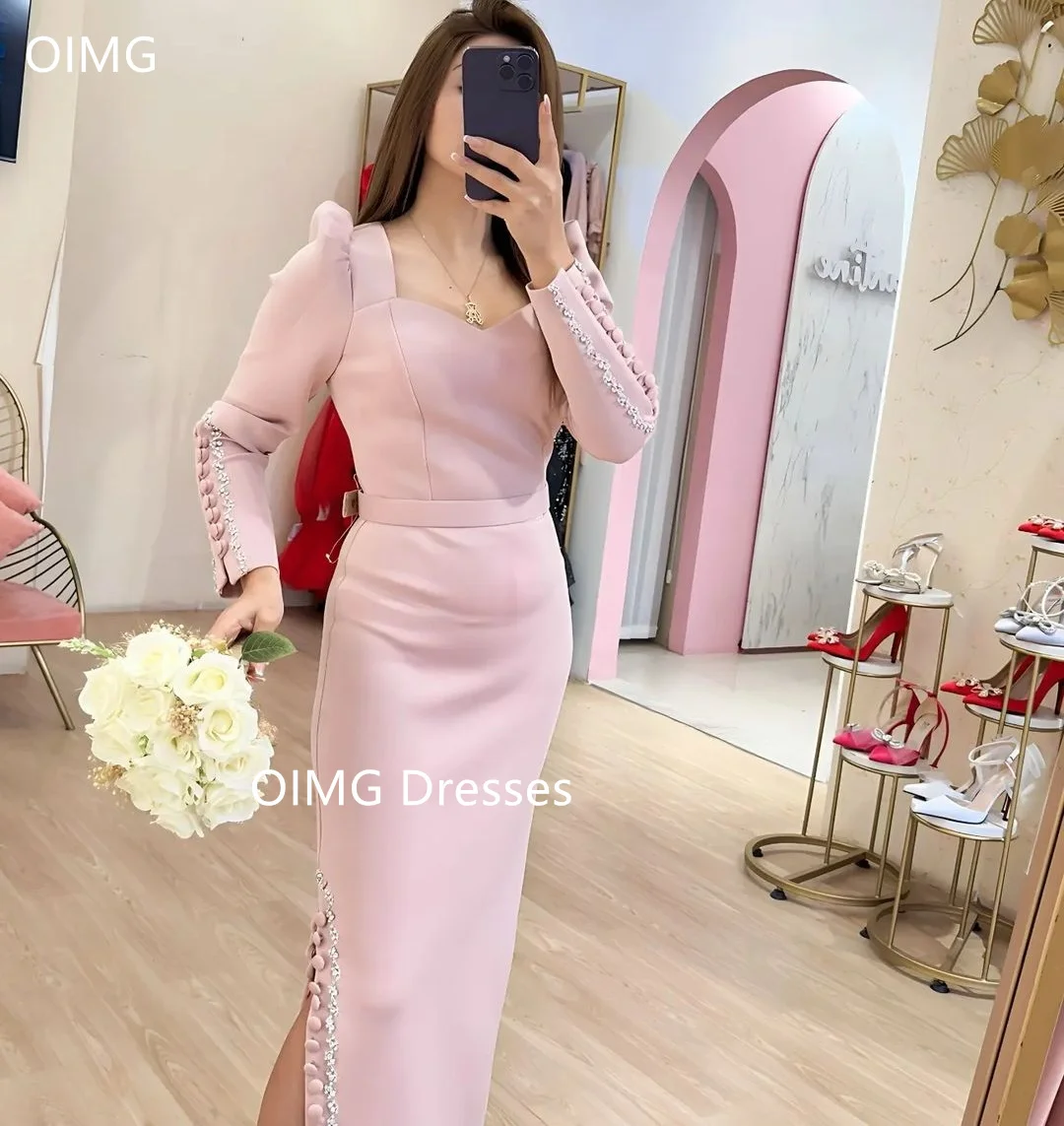 OIMG Fashion Saudi Crystals Buttons Vintage Prom Dresses Mermaid  Long Sleeves Pink Sweetheart Evening Gowns Formal Party Dress