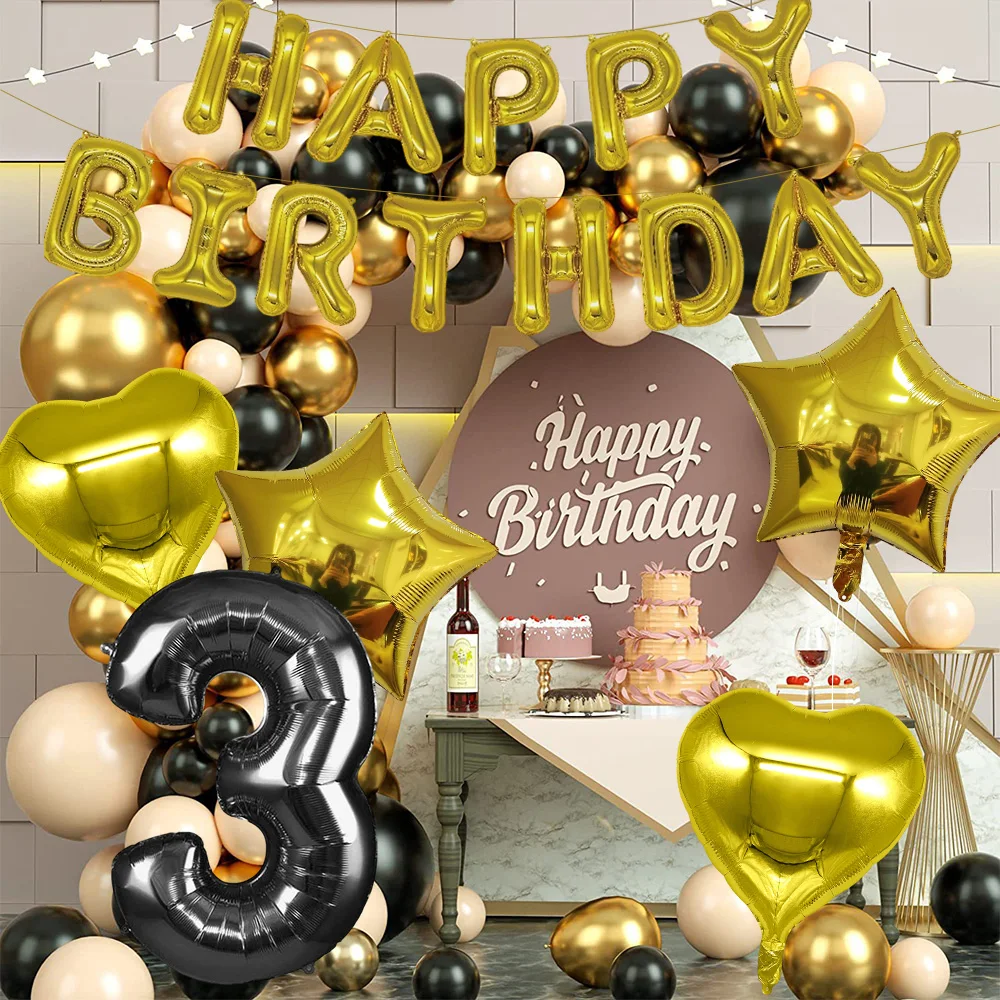 

Black Number Aluminium Foil Balloons Golden Star Heart Shape Letter Happy Birthday Banner kit Birthday Party Decor for Kid Adult