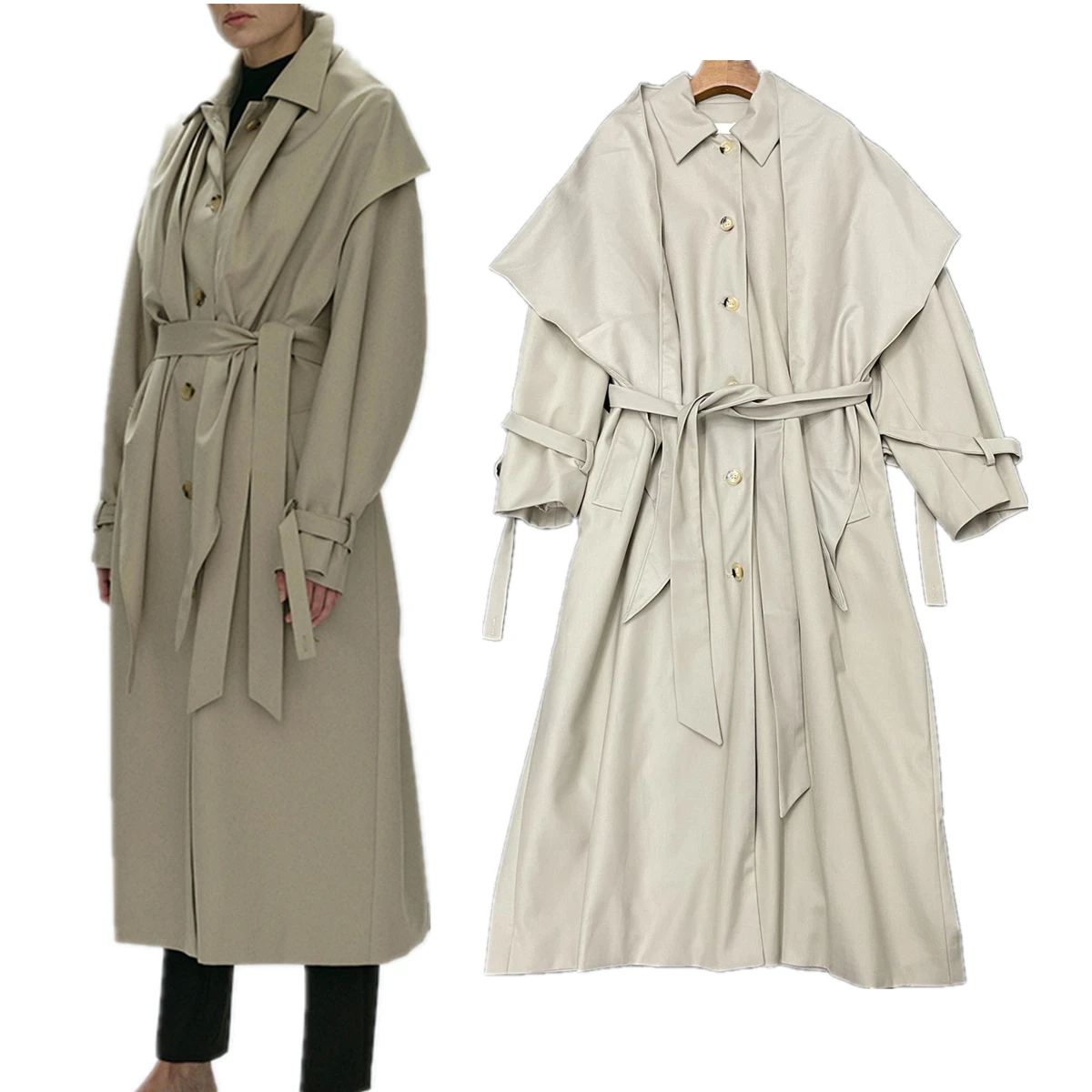 

Dave&Di 2024 Autumn Winter British Retro Loose Long Windbreaker Trench Coat Women Khaki Color Minimalist Overcoat Women