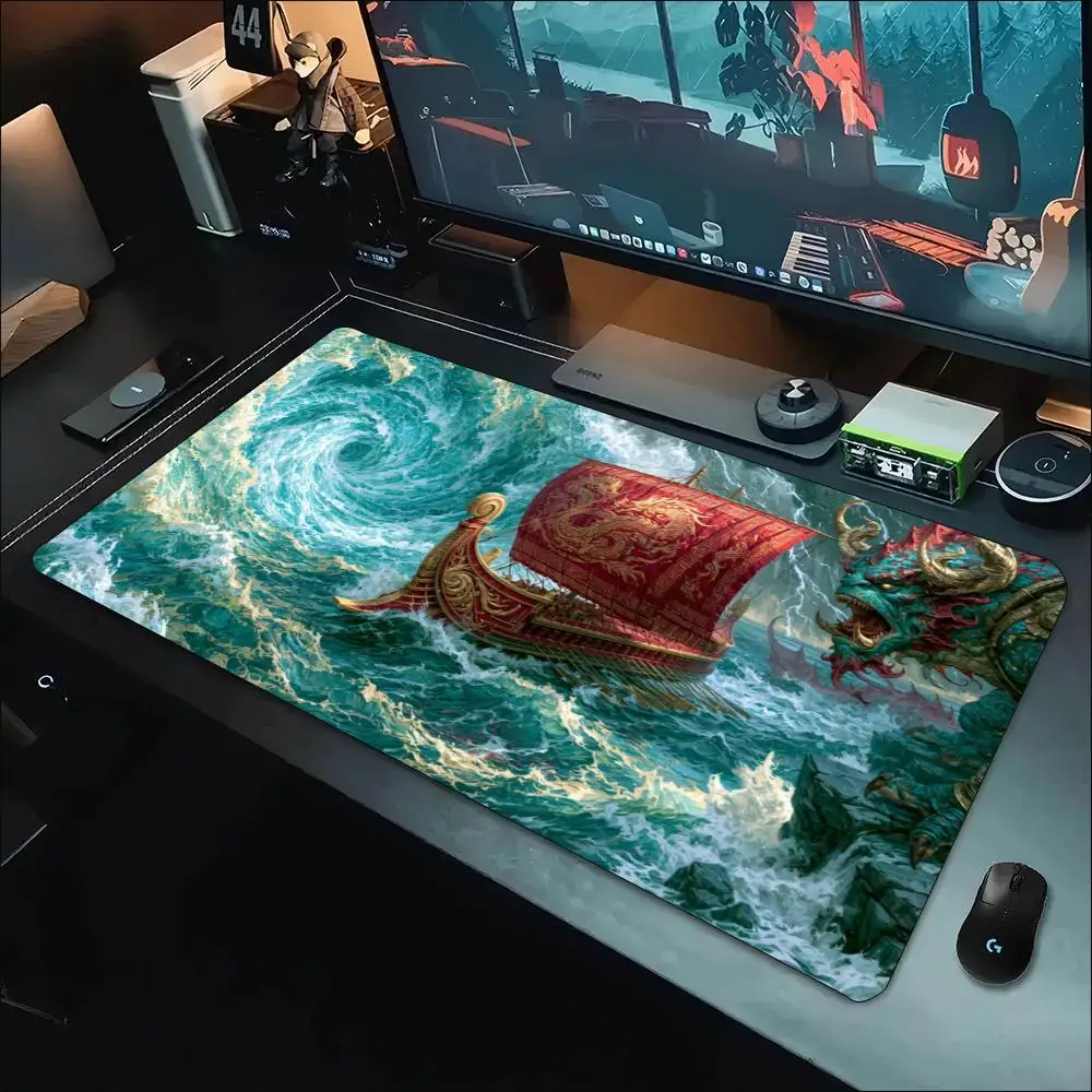 Great Wave Spiral Golden Galley Ship Teal Ocean Ukiyo-e Gaming Mousepad Large Extended Non-Slip Rubber Desk Mat for Laptop