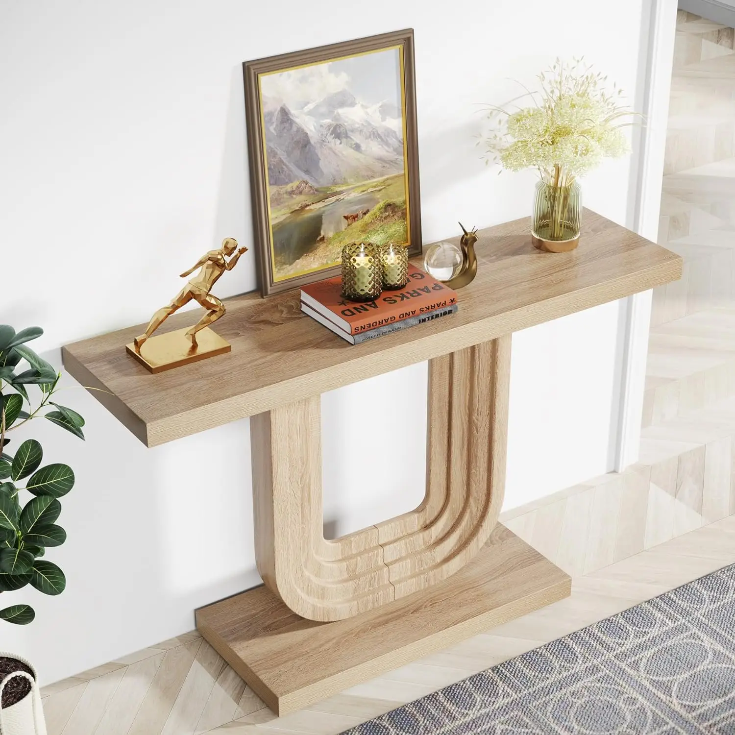 Table d'entrée de ferme avec base géométrique, table console étroite, canapé skinny en bois derrière le canapé, rangement, 39 po