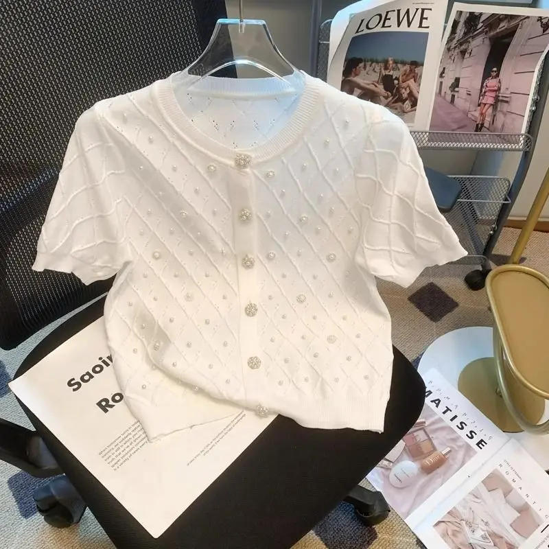 

Luxury Beaded Ice Silk Short Sleeve Knit Cardigan Women's T-Shirt O-Neck Sweater Summer Top White Cardigans Cropped Cardigan