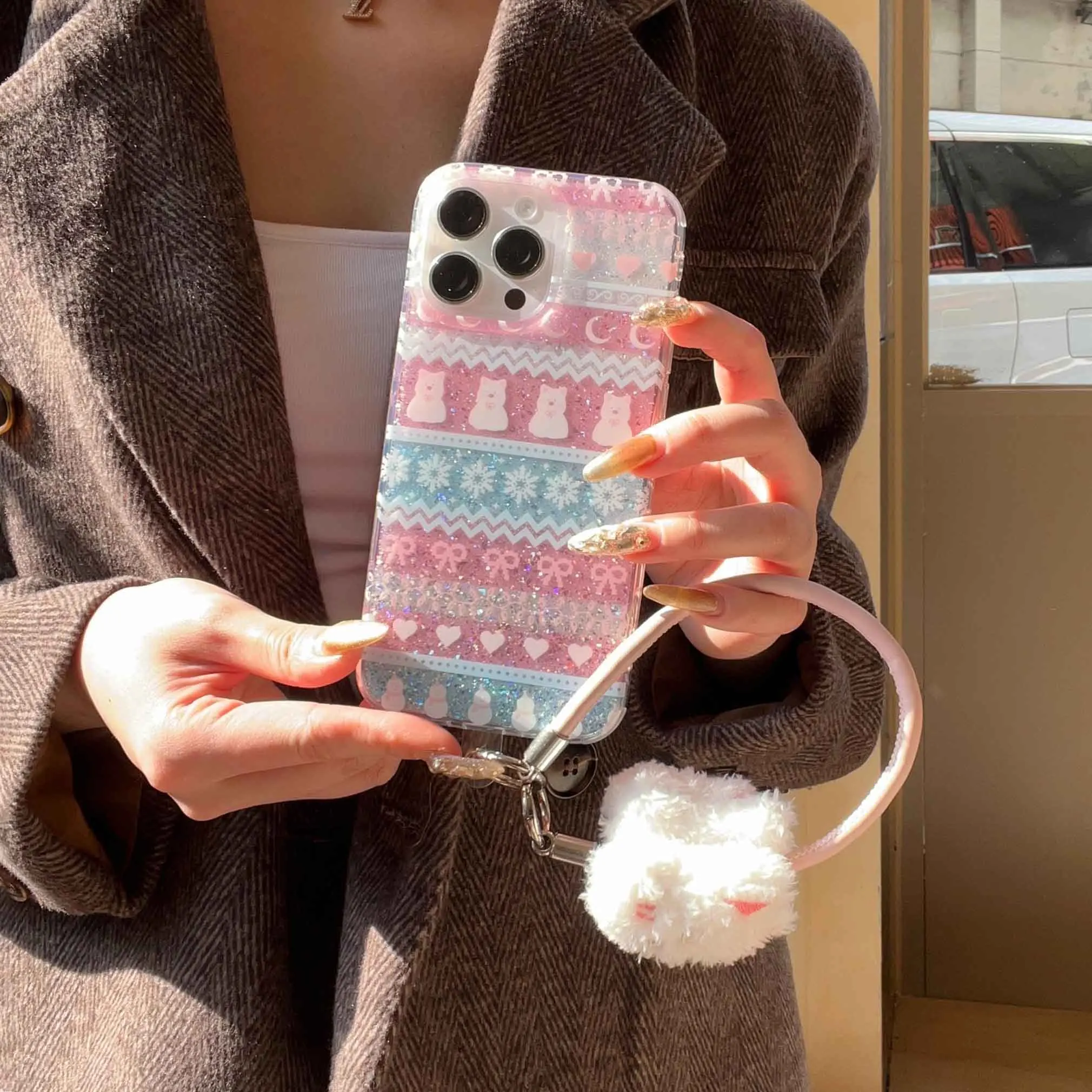 Ins Winter Fair Puppy Shiny Fundas for iphone 16Pro 13pro 15pro 14 13 15 16 pro max 14promax shell protect cute rope phone case