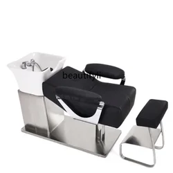 Chaise de shampoing pour salon de coiffure, lit allongé à moitié rinçage, acier inoxydable haut de gamme, bassin profond en céramique, lit de poinçonnage des cheveux