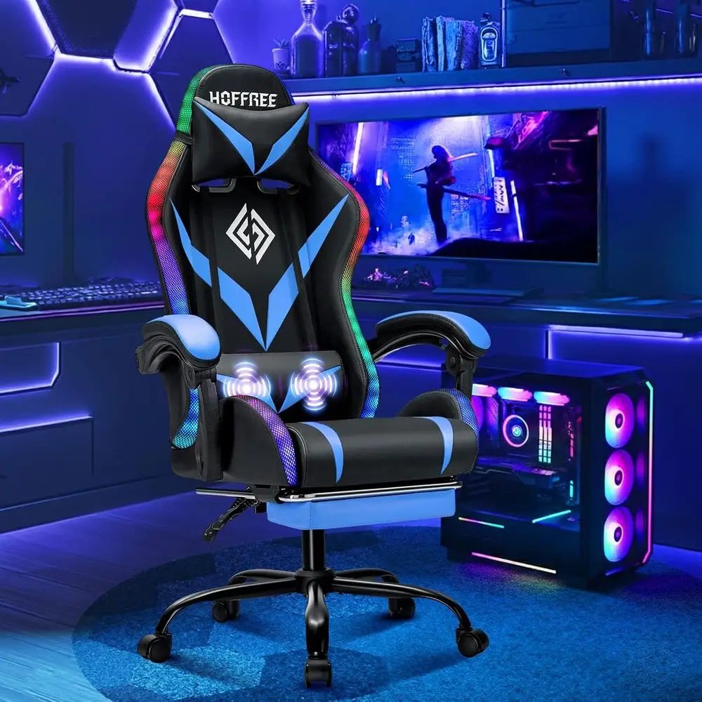 RGB Gaming Chair with Massage and LED Lights Ergonomic Video Game Chairs with ootrest High Back Reclining Computer Chair with Ad