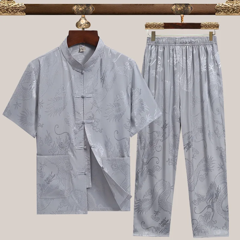 Traje Tang Vintage de manga corta, ropa de estilo chino con estampado de dragón, conjunto de Top Kong Fu, pantalones de satén con botón a mano, 2 piezas