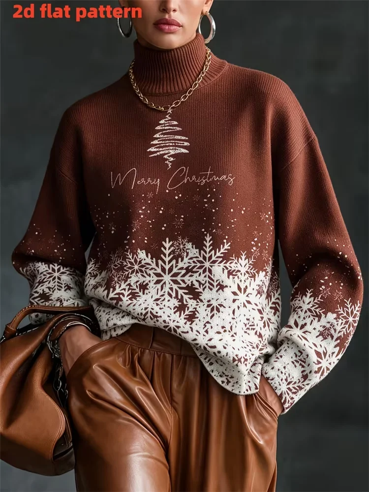 2026 Autumn Winter Blouses Women's Turtleneck Knitted Tops Casual Christmas Tree Snowflake Print Long Sleeve Shirts Festive Tops
