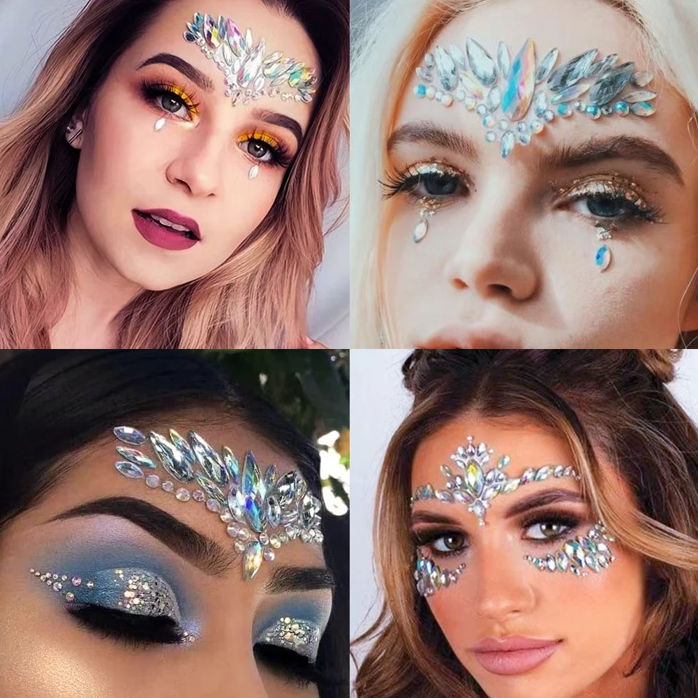 1pc 3D Face Eyes Party Makeup Tattoo Sticker Acrylic Diamond Rhinestones Sticker Self-adhesive Mixed Crystal Face Decor Sticker*