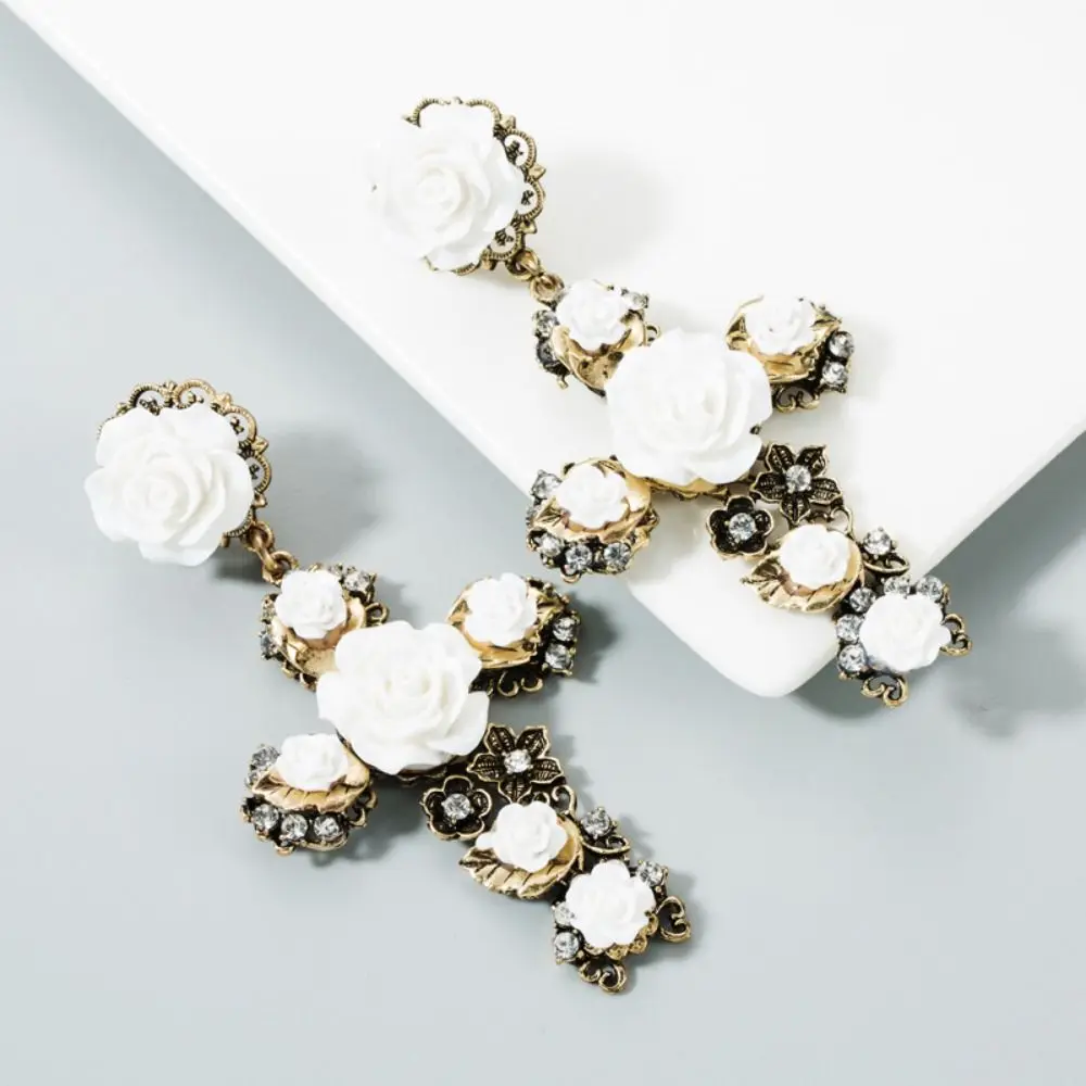 

Baroco Style Rose Cross Earrings Aesthetic Long Crystal Ear Stud Jewelry Rhinestone Flower Stud Earrings Lolita Accessories