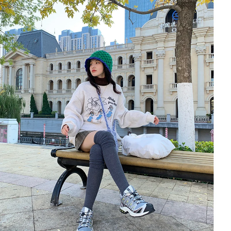 

Oatmeal Crew Baggy Sweatshirt Women's Fleece Thicken Fashion Unique Design Printing Street Lazy Wind Long Sleeves Pullover Top