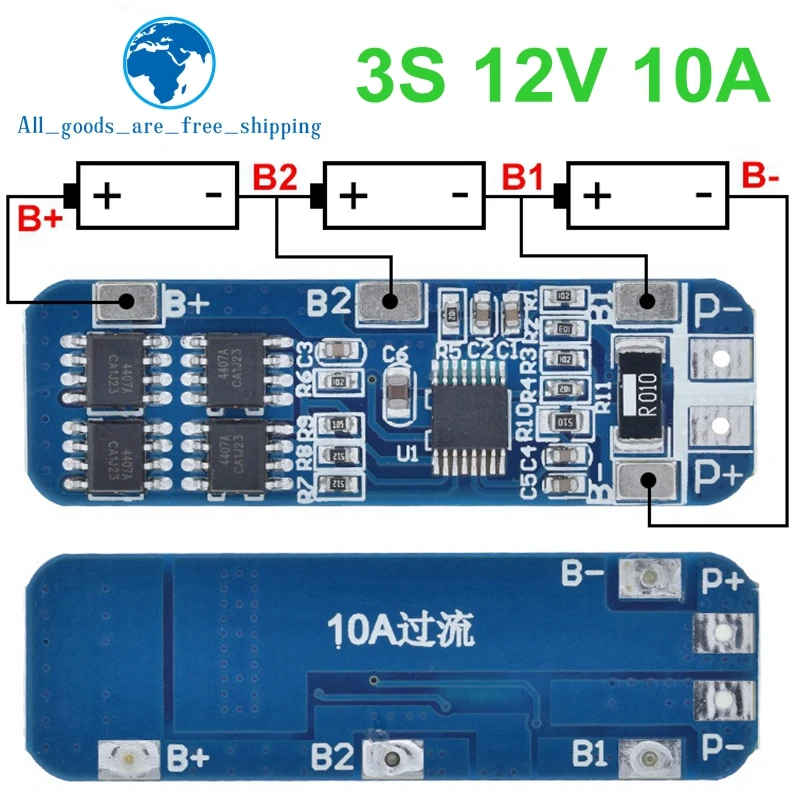 TZT 3S 12V 18650 10A Ładowarka BMS Akumulator litowo-jonowy Płytka zabezpieczająca Płytka drukowana 10,8 V 11,1 V 12,6 V Niebieski akumulator elektryczny