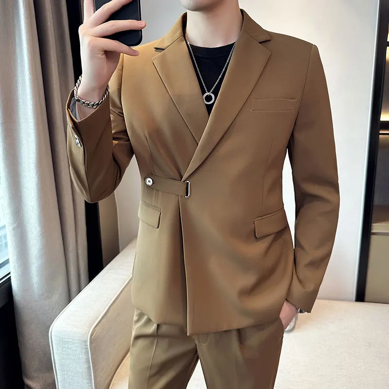 Spring British Slim Man (suit + Trousers) Stylish  Handsome with Solid Color Korean Version Casual Diagonal Buckle Two-piece Set