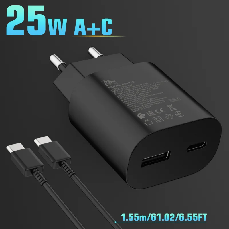 

Зарядное устройство GAN 25W с двумя портами (USB Type-C + USB-A) и кабелем 1,55 м. Совместимо с Samsung S25, S24+, S24.