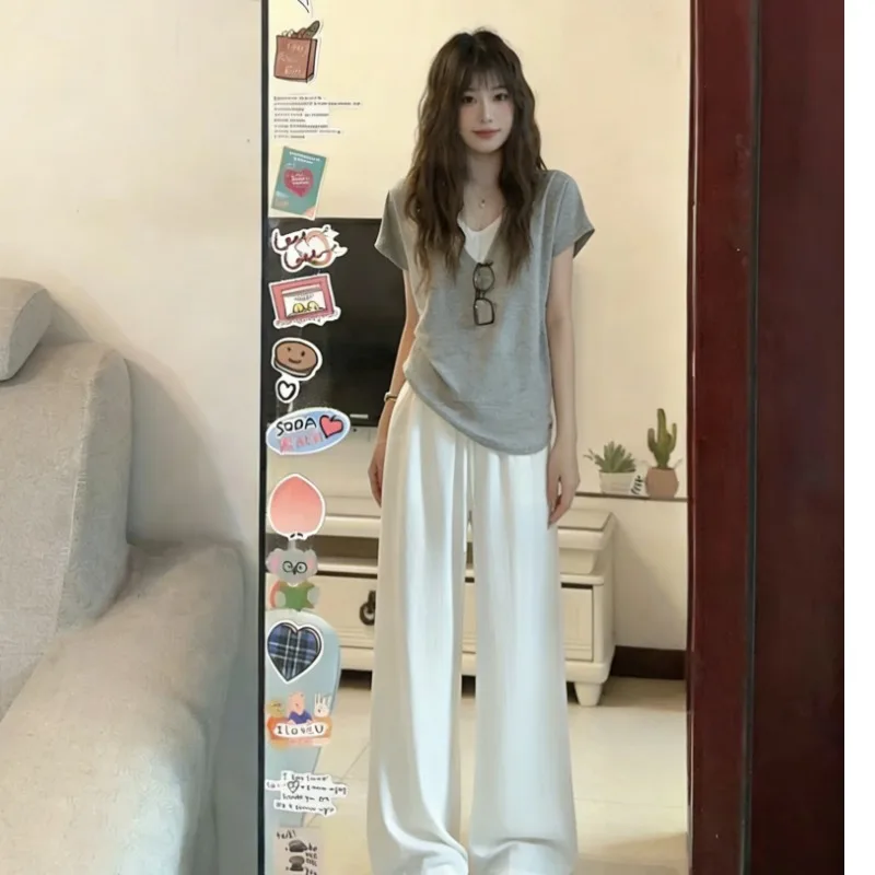 

2026 Summer Chic Casual Color Block Short Sleeve T-Shirt Loose Wide Leg Pants Fashion Set Women's Cotton V-Neck Top