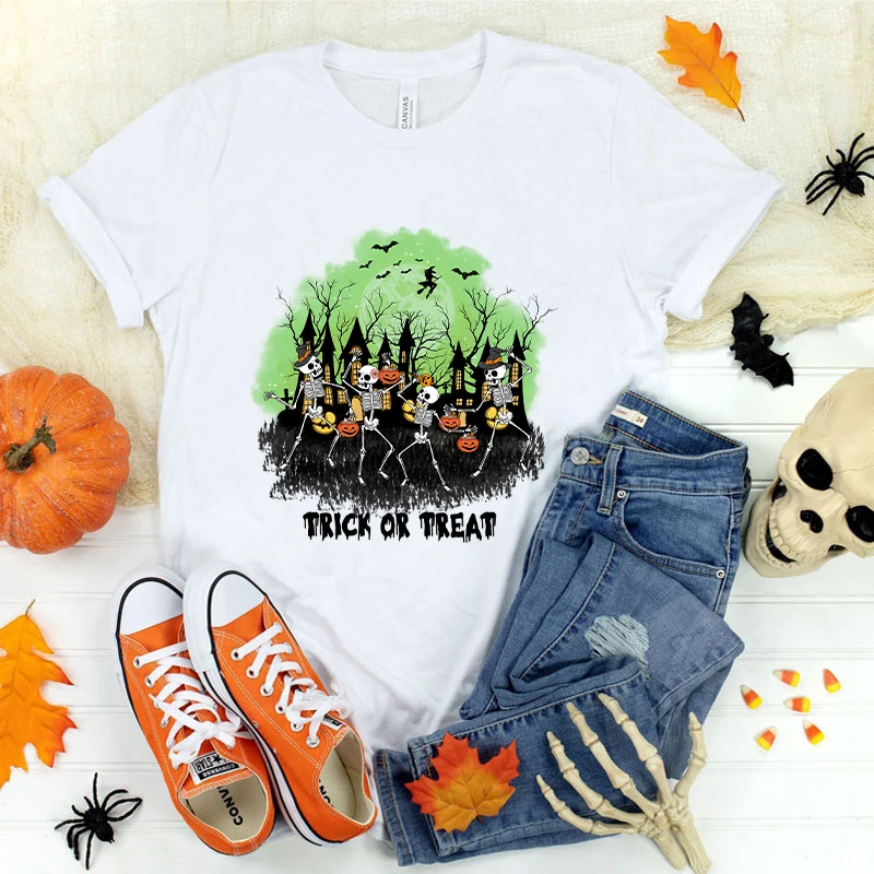 (Premium T-shirt)Women'S Fashion Halloween Skeleton Trick Or Treat T Shirt Short Sleeve Shirt