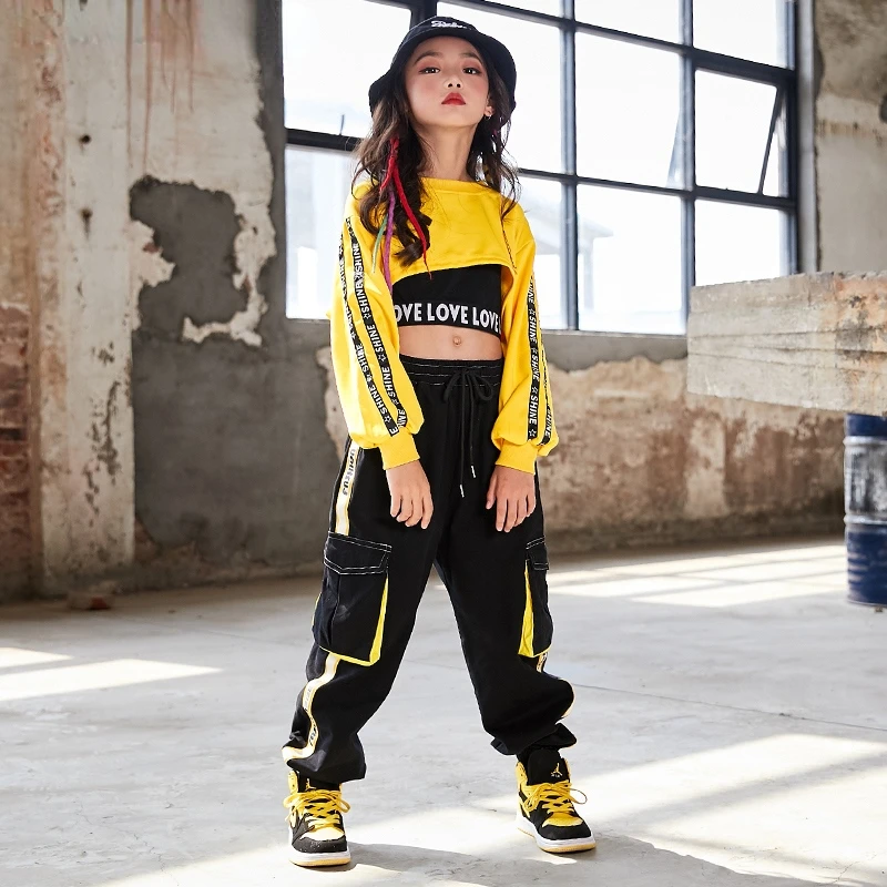 Hip Hop Girls Crop Top Contrast Street Dance Cargo Pants Children Sweatshirt Joggers Kids Streetwear Jazz Costumes Clothes Sets