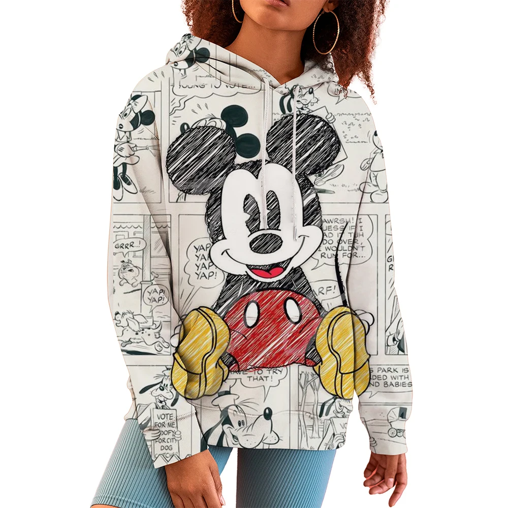 Disney-Moletom feminino de manga comprida com estampa de Mickey Mouse, Hoodies soltos, Minnie, streetwear grande, casual, outono