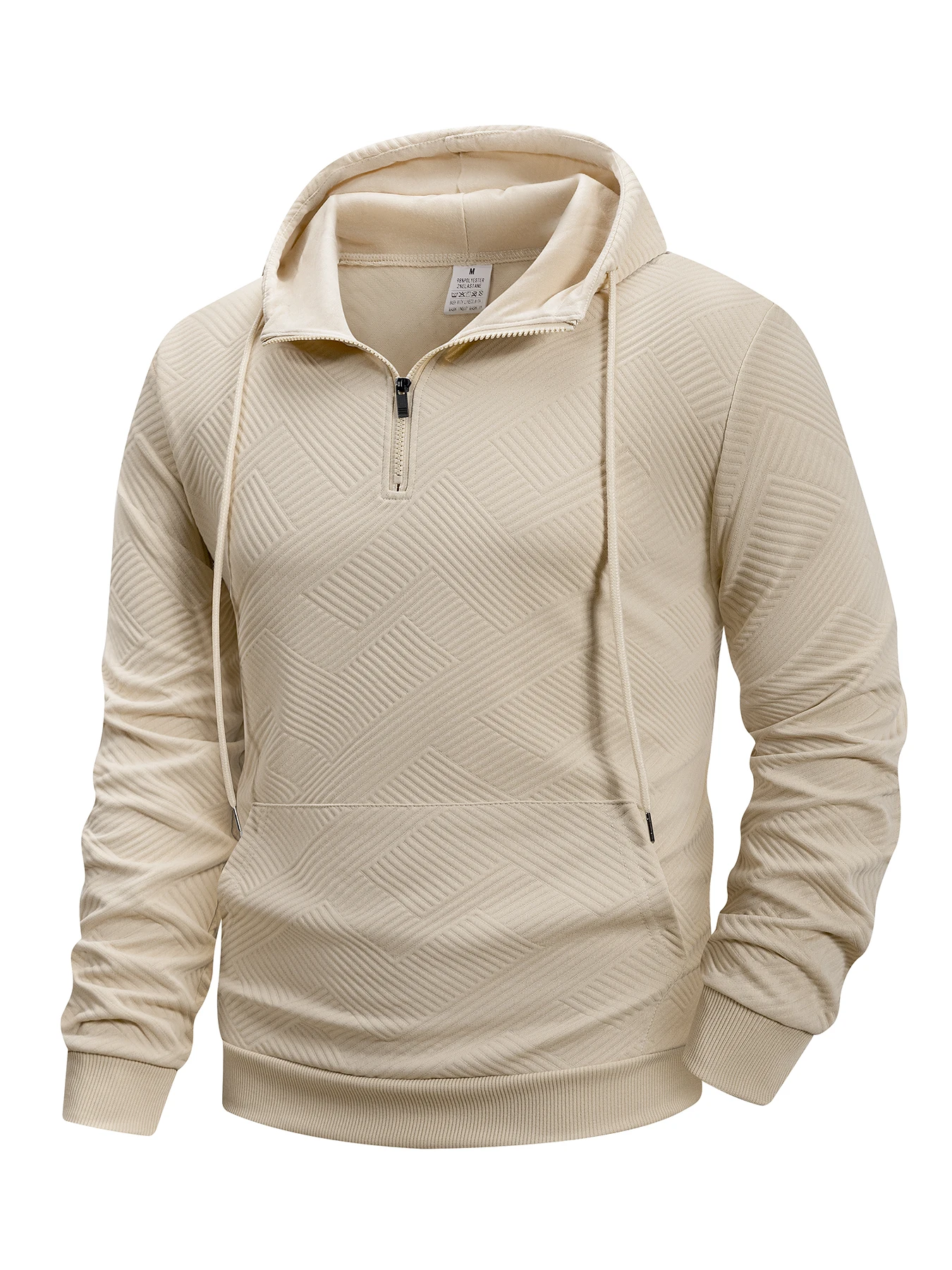 Spring Fall Men's Casual Commuter Quarter Zip Hoodie Geometric Textured Drawstring Hood Kangaroo Pocket Ribbed Hem