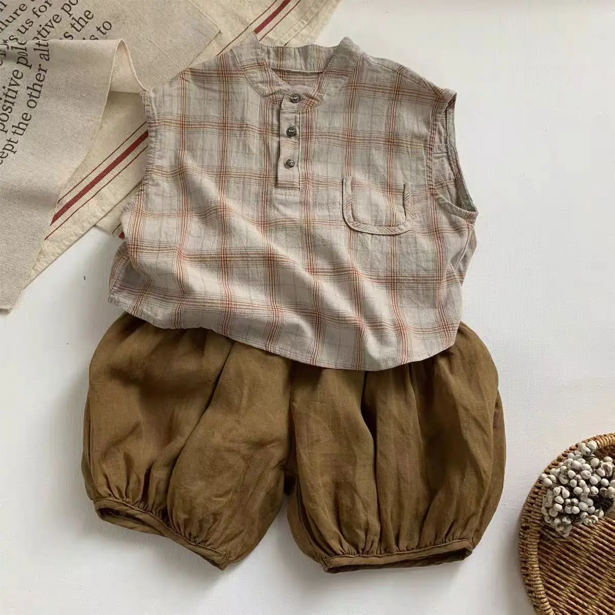 Boys Girls Summer Vest Baby Stylish Kids Trendy Shirt Japanese Forest Korean Plaid Sleeveless Shirt