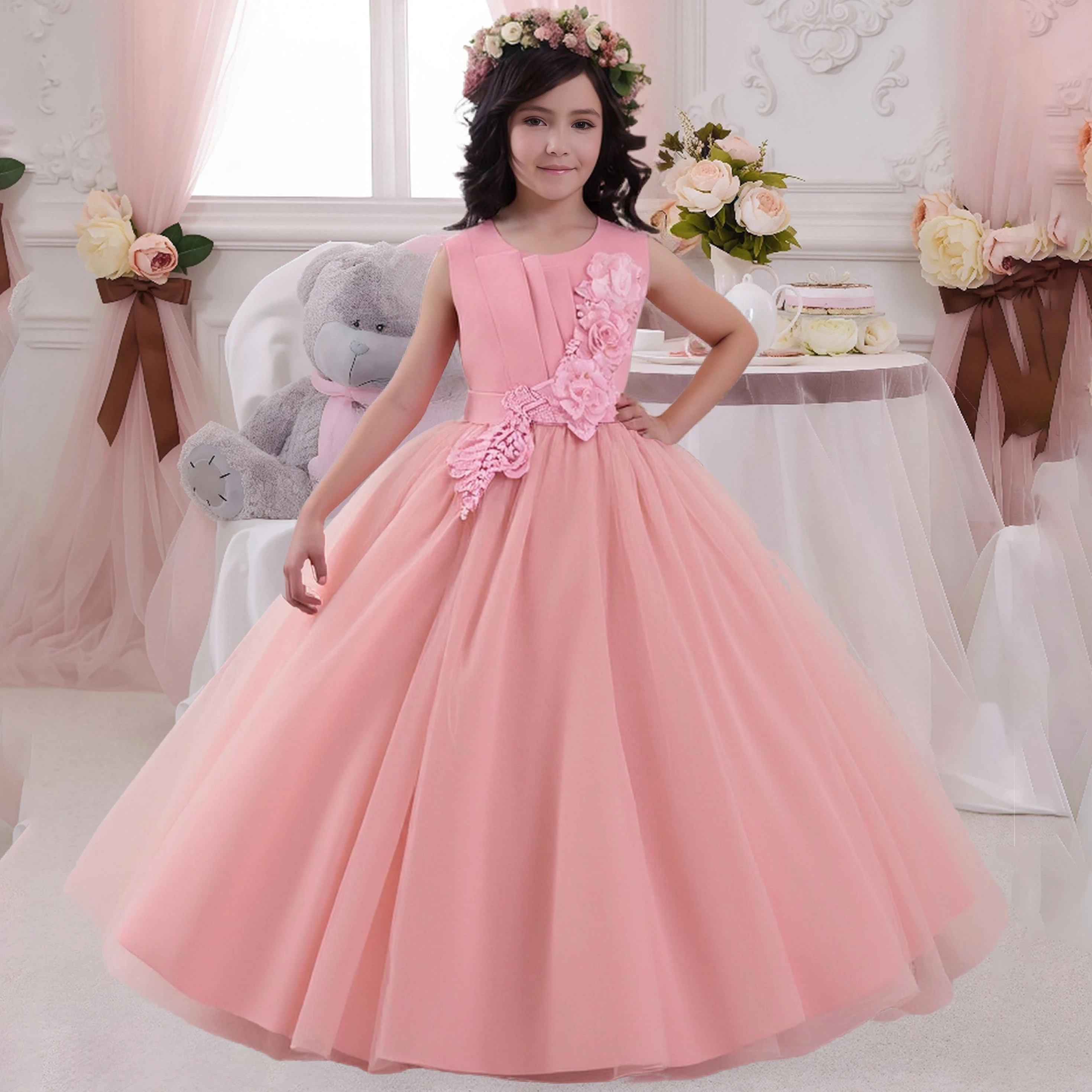 

Summer Flower Party Girls Dresses Formal Bow Wedding Bridesmaid Prom Gown Elegant Birthday Princess Dress Kids Evening Clothing