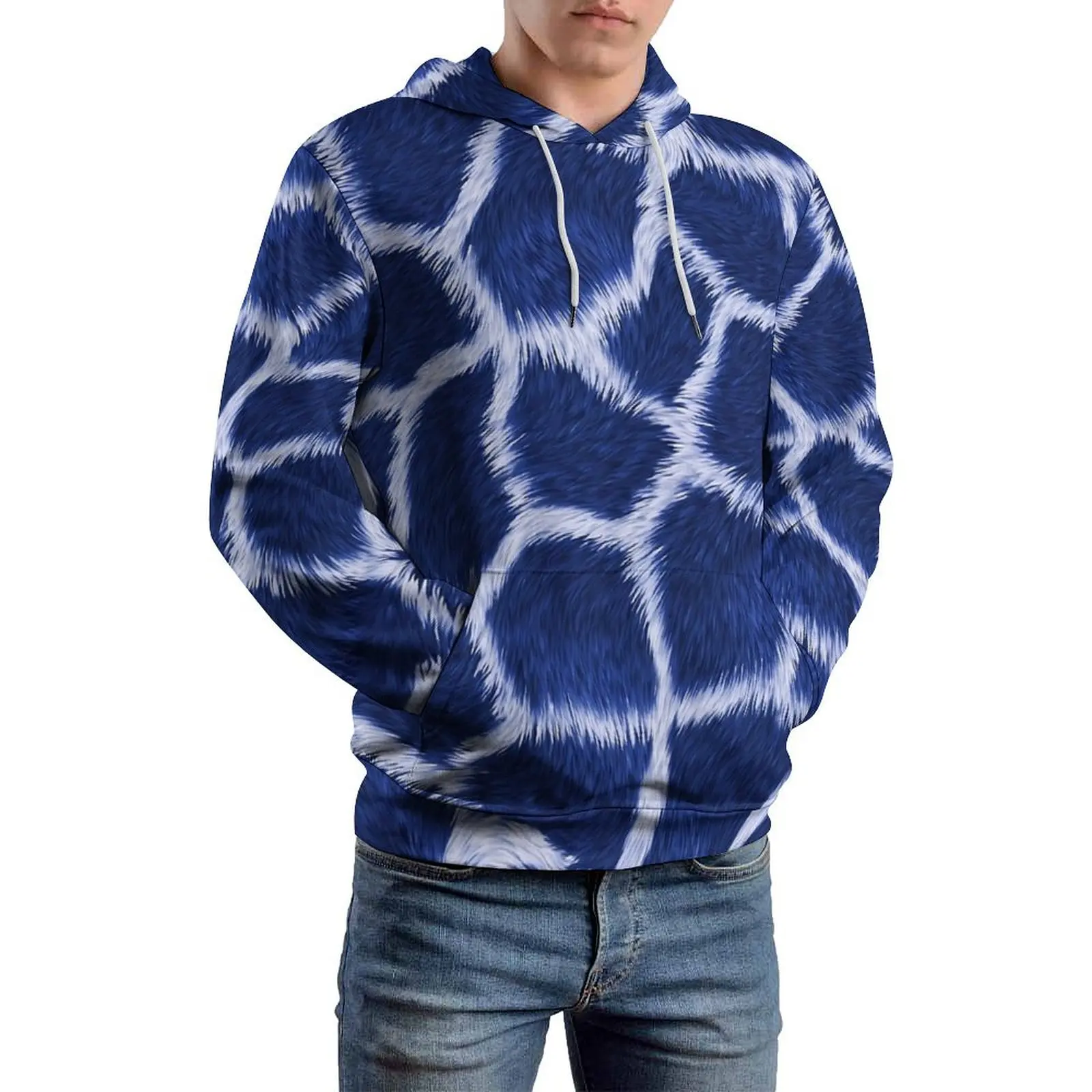 Blue Giraffe Skin Loose Hoodies Animal Print Kawaii Hoodie Men Long Sleeve Oversized Casual Graphic Clothing