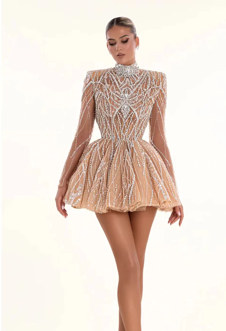 Hot Sale High Neck Long Sleeves Sliver Crystal Champagne Short  فساتين السهرة vestidos de fiesta  فساتين سهره evening dresses