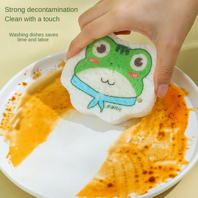 Cute Frog Compressed Dishwashing Sponge Wood Pulp Sponge Block Dishwashing Brush Non-stick Oil Dish Rag Absorbent Wipe