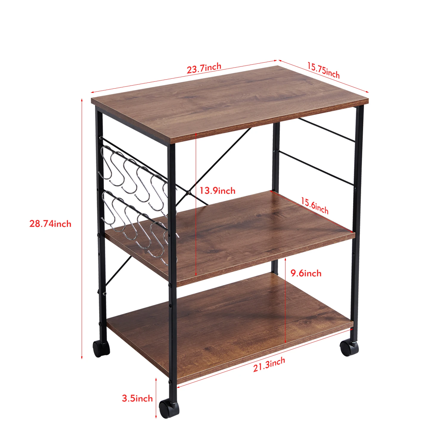 Kitchen Trolley Cart Utility Rolling Kitchen Island Serving Cart 3 Tier Microwave Storage Shelf W/12 Hook Caster Baker's Rack