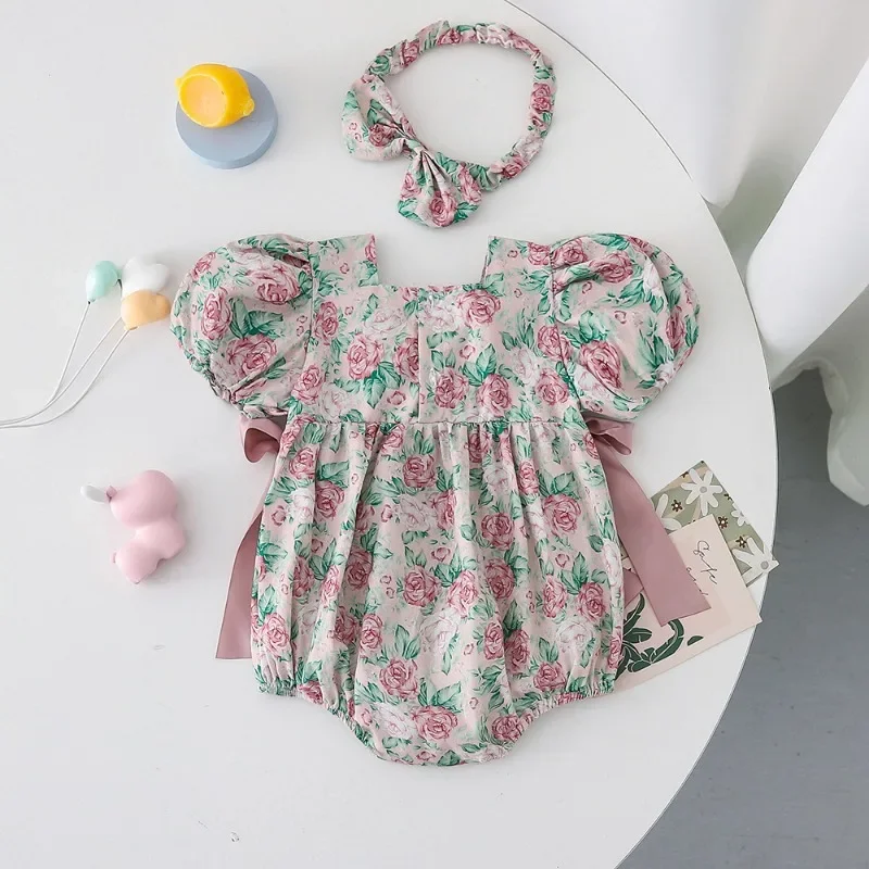 New Summer Family Matching Outfits Short Puff Sleeves Bodysuit+Floral Square Collar Princess Dress Twins Girl Clothes H4408