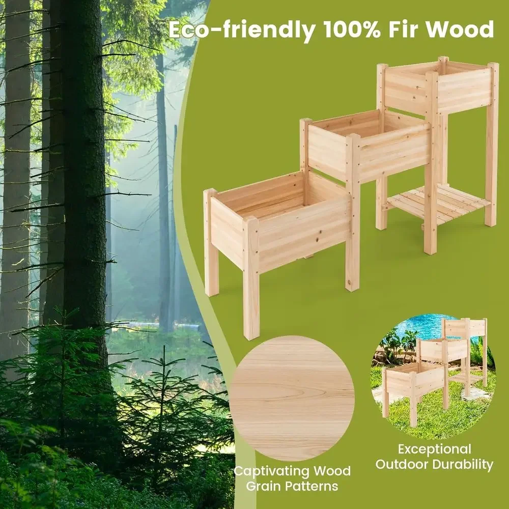 3-Tier Wooden Planter Box with Drainage, Storage Shelf, and Legs for Outdoor Gardening
