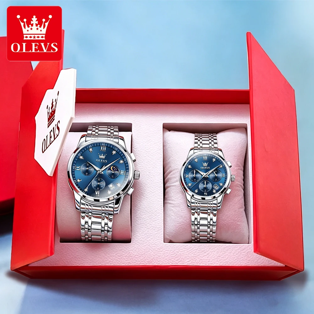OLEVS Couple Watches Trend Fashion Fine Steel Original Quartz Wristwatch Multi-functional Chronograph Moon Phase Date Waterproof