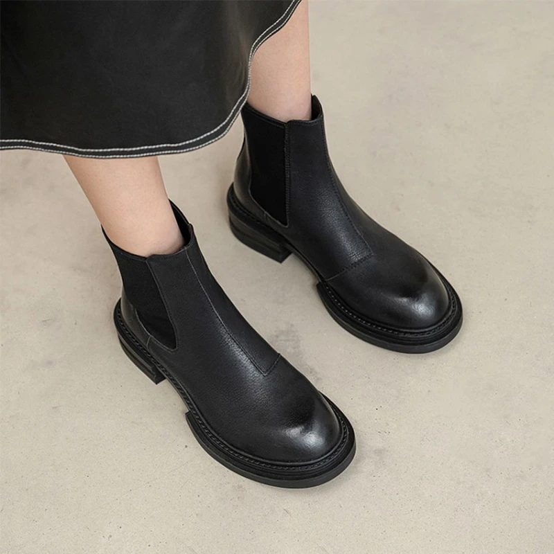 HOT SALE Winter Boots Women Split Leather Boots Round Toe Thick Heel Shoes Women Plaform Boots Chelsea Boots Black Ankle Boots