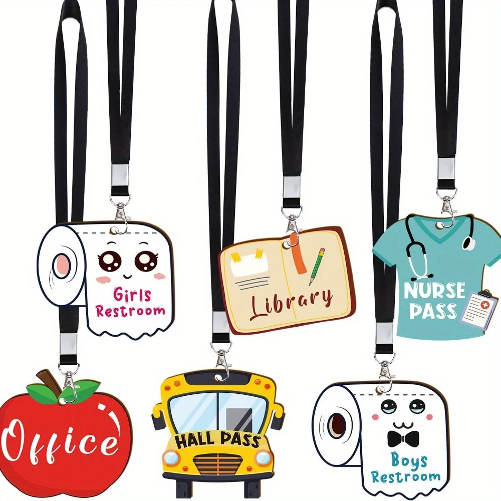 Hall Pass Lanyards and School Passes - Aposwow 6 Sets Cute Hall Passes for Classrooms Unbreakable Bathroom