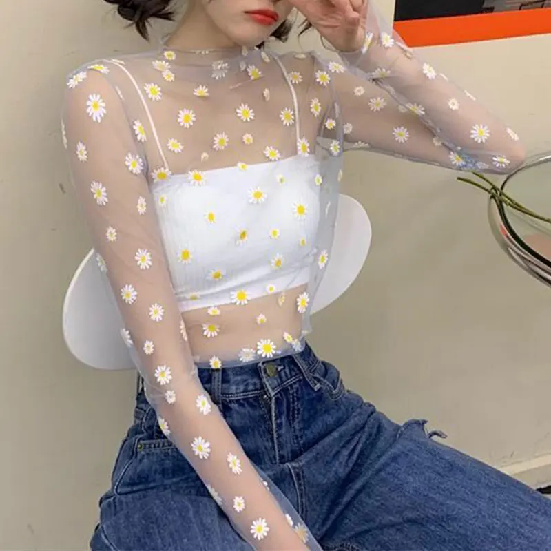 Sexy Transparent Lace Daisy T Shirt Mesh Ladies Tops Women Long Sleeve Bottoming Shirts See-Through Turtleneck Sunscreen Tops